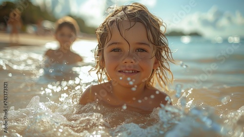 Joyful siblings on a beach  engaging with sand and sea