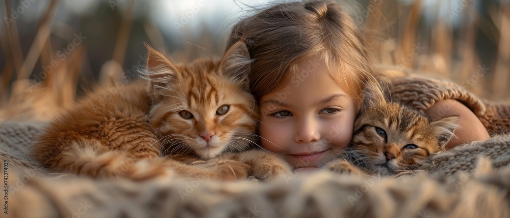 Joyful play and cuddles between siblings and pets, companionship