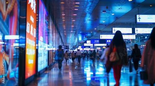 Wallpaper Mural A busy walkway leading to the departure gates lined with billboards highlighting various airlines and their competitive fares. Torontodigital.ca