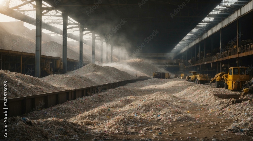 Fototapeta premium A factory with piles of garbage and machinery. Generative AI.