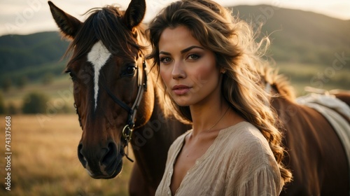Beautiful woman with horse in the field. Generative AI.