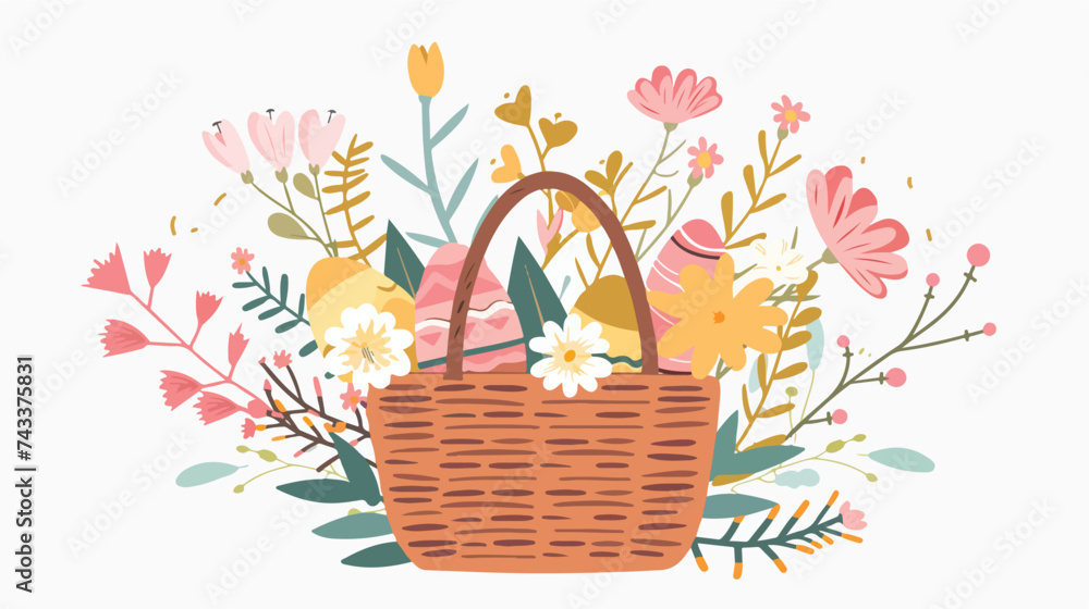 Spring colorful easter basket with flowers. Holid