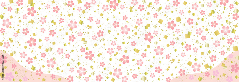 桜の花と金箔紙吹雪の和風背景/横長/桃色・金