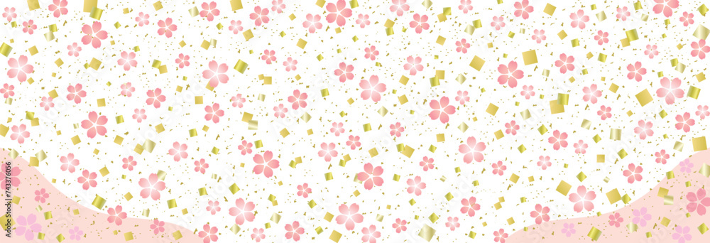 桜の花と金箔紙吹雪の和風背景/横長/桃色・金 桜の花と金箔紙吹雪の和風背景/横長/桃色・金