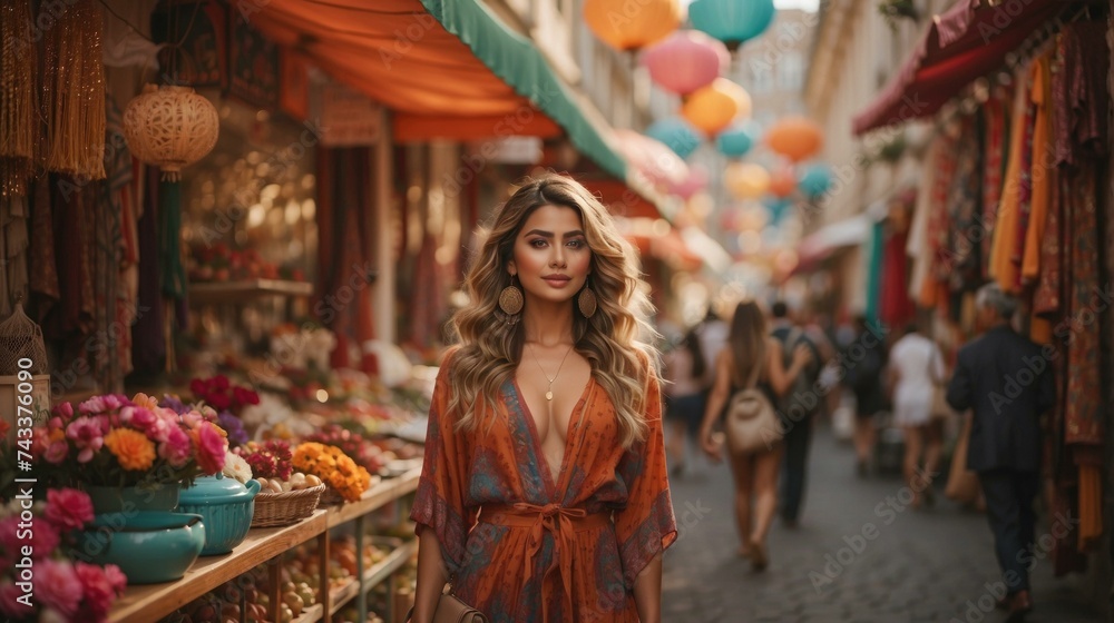 A beautiful woman in an orange dress standing in a market. Generative AI.