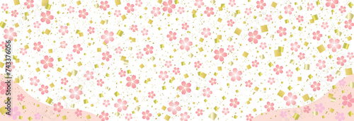 桜の花と金箔紙吹雪の和風背景/横長/桃色・金