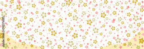 桜の花と金箔紙吹雪の和風背景/横長/金・ピンク