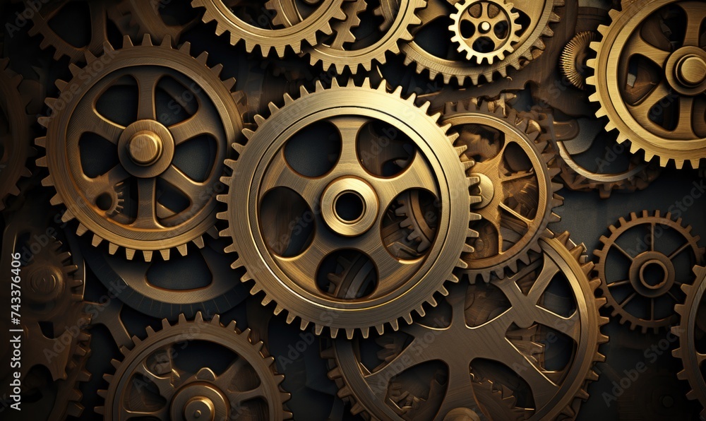 A group of gears on a black background. Generative AI. A group of gears on a black background. Generative AI.