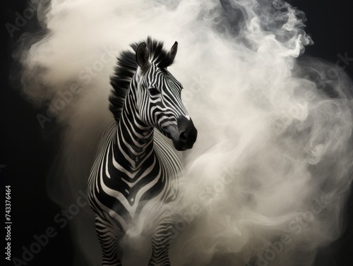 A zebra standing in a cloud of smoke. Generative AI.