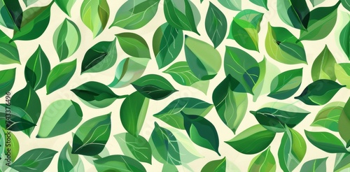 A refreshing pattern of varied green leaves on an off-white background  suggesting lushness and vitality.