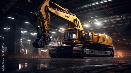 A large excavator in a warehouse with a lot of machinery. Generative AI. photo