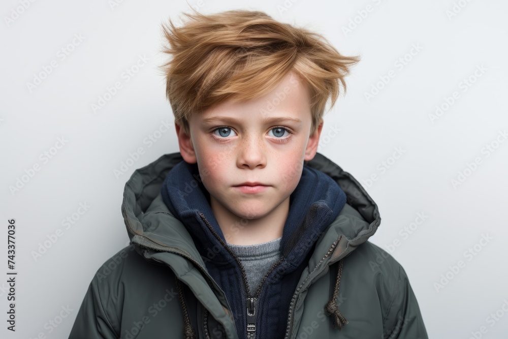 Portrait of a cute little boy with blond hair and blue eyes wearing a warm jacket. Portrait of a cute little boy with blond hair and blue eyes wearing a warm jacket.