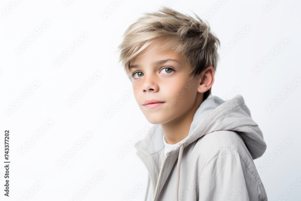 Portrait of a cute little boy in a hoodie on a white background Portrait of a cute little boy in a hoodie on a white background