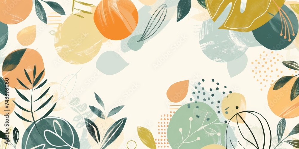 Abstract eco-friendly graphic pattern with pastel colors and botanical elements.