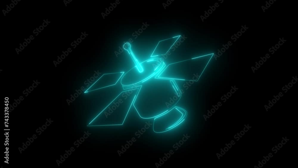 Neon glowing cyan satellite icon animation in black background Neon glowing cyan satellite icon animation in black background