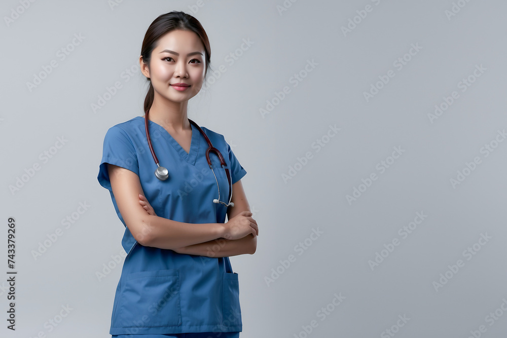 Asian nurse young woman or Doctor in scrubs outfit standing isolated over white background. copy space Asian nurse young woman or Doctor in scrubs outfit standing isolated over white background. copy space