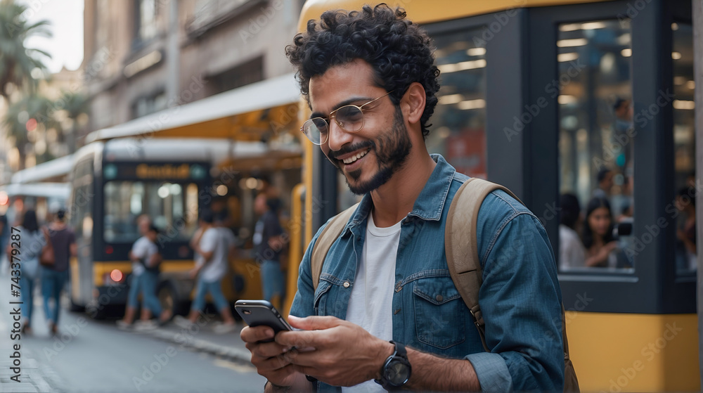 attractive beautiful young black or arab man using and texting on his smart phone mobile for service 5g digital communication and online social media - obrazy, fototapety, plakaty 