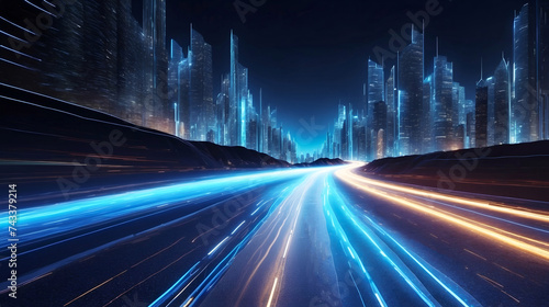 Abstract road with blue light trails , data transfer speed and digitization concept