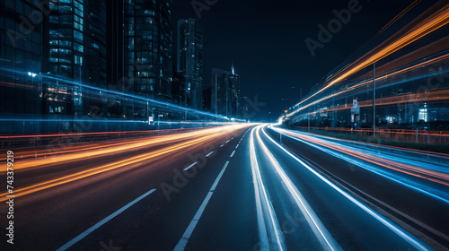 Abstract road with blue light trails   data transfer speed and digitization concept