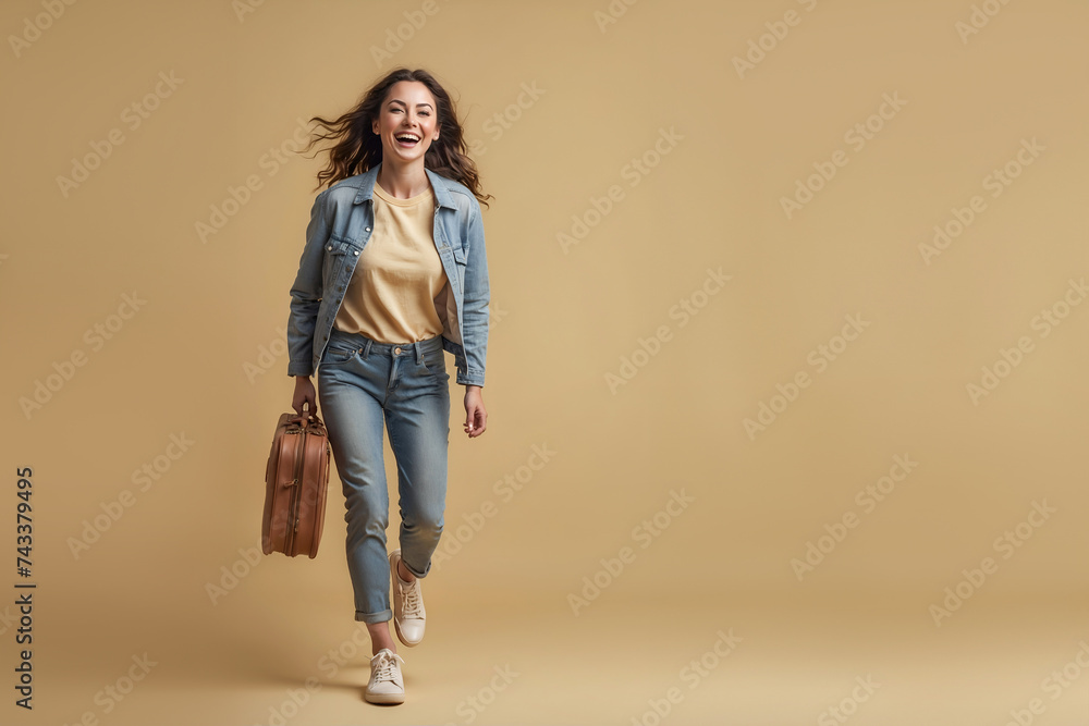 happy woman walking or jumping with suitcase isolated on light yellow background. copy space happy woman walking or jumping with suitcase isolated on light yellow background. copy space