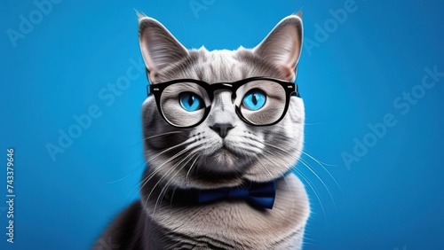 Portrait of a cute cat wearing glasses on a blue background, a gentleman or student cat in the background