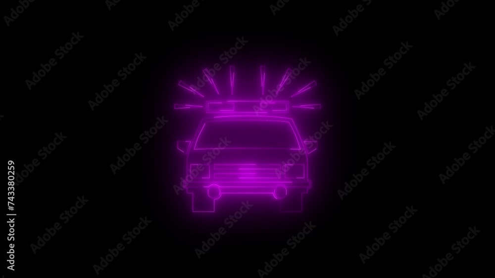Neon glowing pink police car icon animation in black background Neon glowing pink police car icon animation in black background