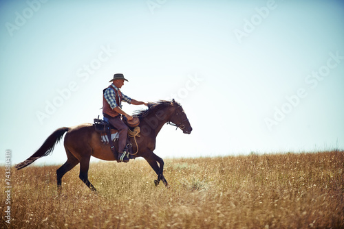 Cowboy, adventure and man riding horse with saddle on field in countryside for equestrian or training. Nature, summer or rodeo and mature horseback rider on animal running outdoor in rural Texas