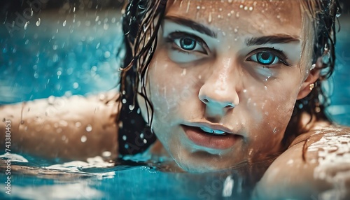 portrait of a pretty girl in the pool, wet portrait, wet gir in the pool, woman is swimming in the pool