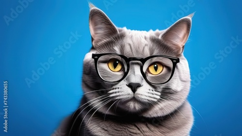 Portrait of a cute cat wearing glasses on a blue background, a gentleman or student cat in the background © екатерина лагунова