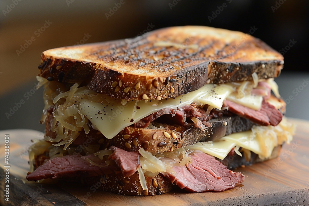 Reuben: A grilled sandwich with corned beef, Swiss cheese, sauerkraut, and Russian or Thousand Island dressing on rye bread. Reuben: A grilled sandwich with corned beef, Swiss cheese, sauerkraut, and Russian or Thousand Island dressing on rye bread.