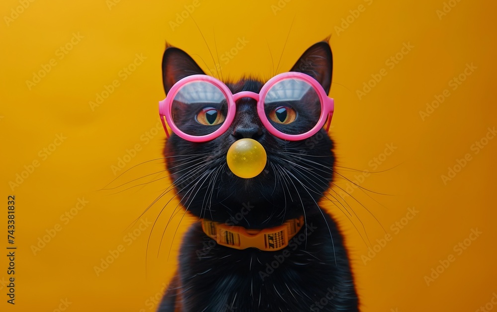 Bombay cat blowing bubble gum wearing sunglasses fashion portrait on solid pastel background. presentation. advertisement. invitation. copy text space.