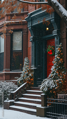 Boston brownstone house  historic charm  red door with moody cinematic filter  in the snowy winter night scene with moody lighting and fog. 