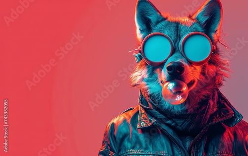 Wolf blowing bubble gum wearing sunglasses fashion portrait on solid pastel background. Birthday party. presentation. advertisement. invitation. copy text space.