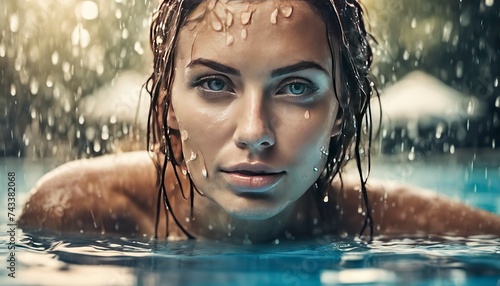 portrait of a pretty girl in the pool  wet portrait  wet gir in the pool  woman is swimming in the pool