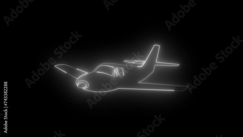 Neon glowing white airplane icon animation in black background photo