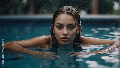 portrait of a pretty girl in the pool  wet portrait  wet gir in the pool  woman is swimming in the pool