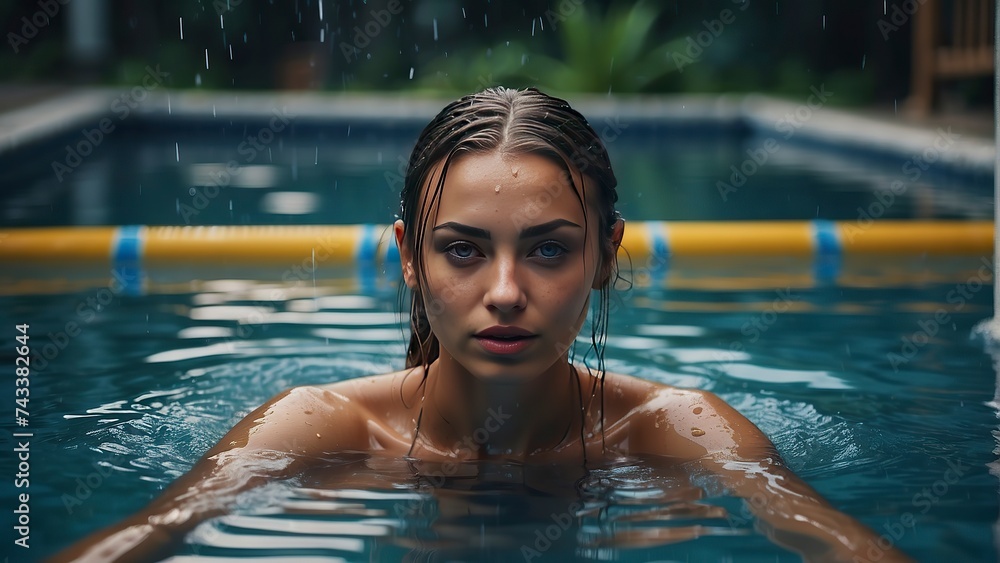 portrait of a pretty girl in the pool, wet portrait, wet gir in the pool, woman is swimming in the pool
