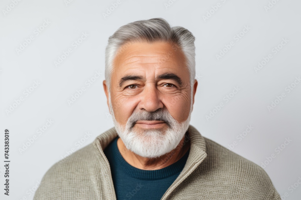 Portrait of senior man with white beard looking at camera. Isolated on grey background Portrait of senior man with white beard looking at camera. Isolated on grey background
