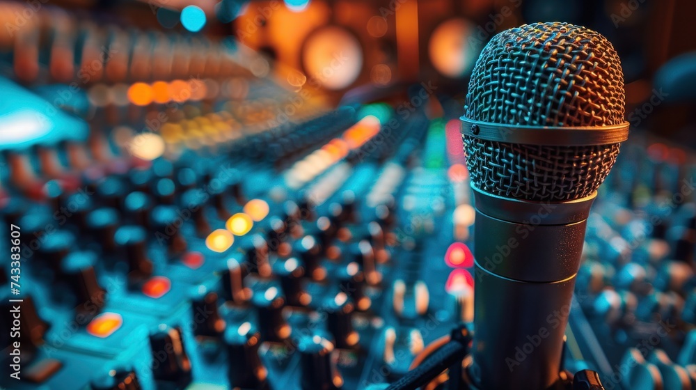 boutique recording studio control desk. Professional studio microphone with musician blurred background and audio mixer, Musical instrument Concept. boutique recording studio control desk. Professional studio microphone with musician blurred background and audio mixer, Musical instrument Concept.