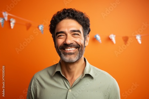 Handsome man with a beard and mustache on an orange background