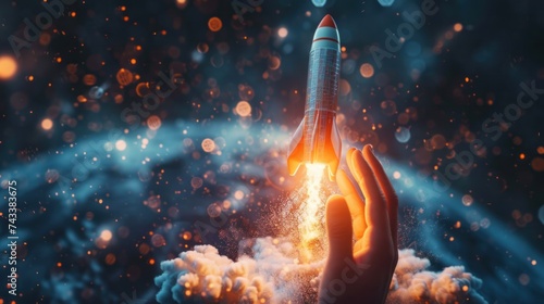 Businessman-controlled rocket is launching and soaring from hand into the sky for growing business, fast business success, and startup business concept. photo