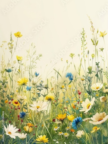This soothing portrayal shows varied wildflowers in a meadow evoking a peaceful and nostalgic atmosphere