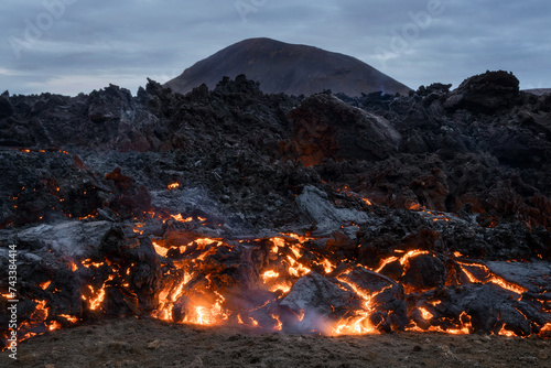 Volcanic eruption, landscape and lava flow close-up, in Fagradalsfjall, Reykjanes peninsula, Iceland