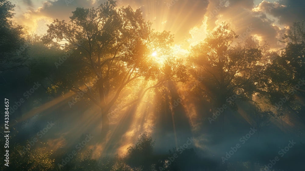 Capture the peaceful moment of sunrise in a forest, with rays of light piercing through the mist and trees Capture the peaceful moment of sunrise in a forest, with rays of light piercing through the mist and trees