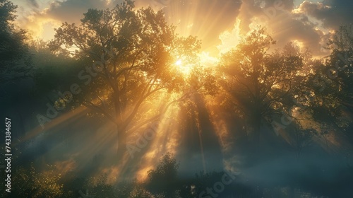 Capture the peaceful moment of sunrise in a forest, with rays of light piercing through the mist and trees