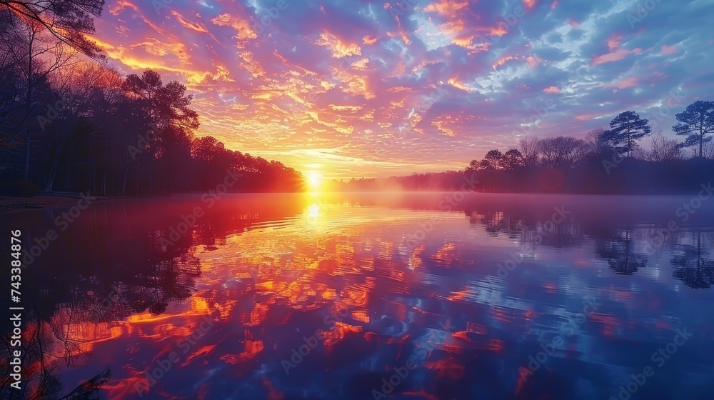 Capture the serene beauty of a sunrise over a calm lake, reflecting the vibrant colors of the sky