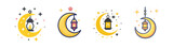 decorative moon, stars and hanging lantern lamp collection icon. Flat design set for Ramadan Kareem or Eid Mubarak poster greeting card element. celebration Muslim islamic feast. Vector illustration