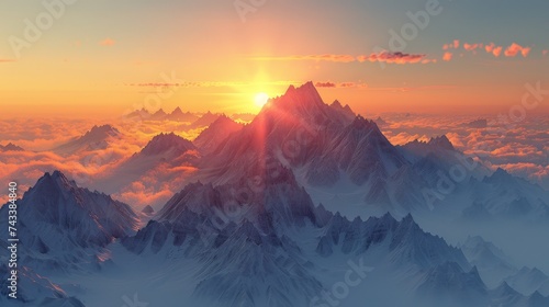 Capture the serene beauty of a mountain sunrise, where the first light of day gently kisses the peaks © MAY