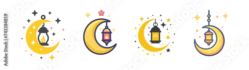 decorative moon, stars and hanging lantern lamp collection icon. Flat design set for Ramadan Kareem or Eid Mubarak poster greeting card element. celebration Muslim islamic feast. Vector illustration photo