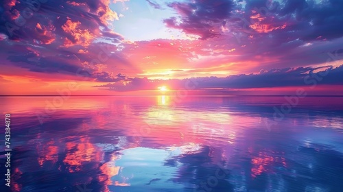 Capture the serene beauty of a sunrise over a calm lake, reflecting the vibrant colors of the sky